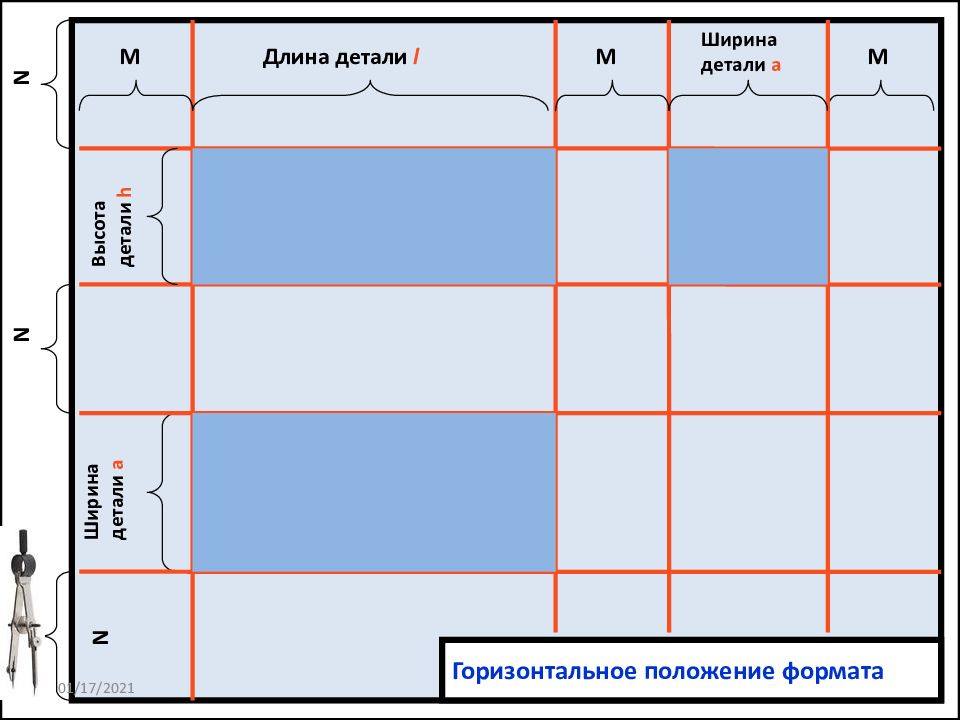 Длина детали. Расчет рабочего поля чертежа. Ширина детали. Гори зонтальнон оложение. Горизонтальное положение.