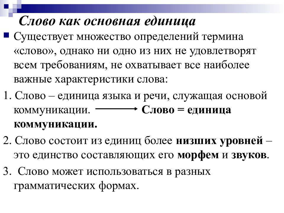 Определяющее слово. Слово как основная единица языка. Основные характеристики слова. Слово это основная единица. Слово как единица речи.