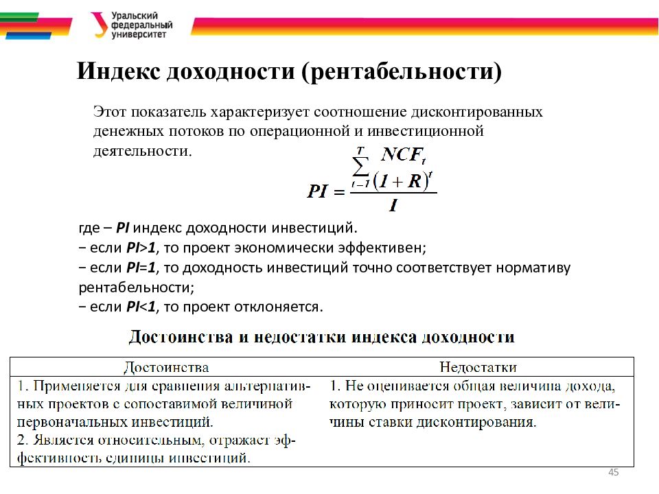 Если индекс доходности больше единицы ид 1 то проект