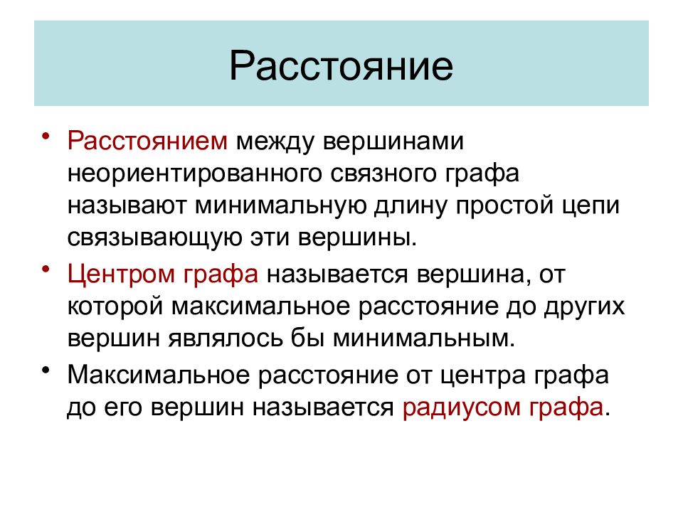 Назовите минимальный. Максимальное расстояние между вершинами графа.