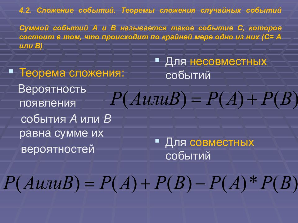 2 случайных событий. Сложение случайных событий. Теорема сложения событий. Теорема сложения вероятностей случайных событий. Сумма событий.теорема сложения.