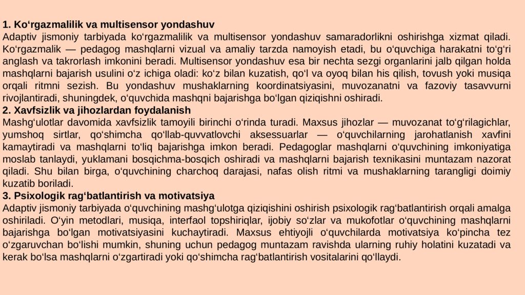 Mavzu:Adaptiv jismoniy tarbiya bo'yicha o'rgatish usullari