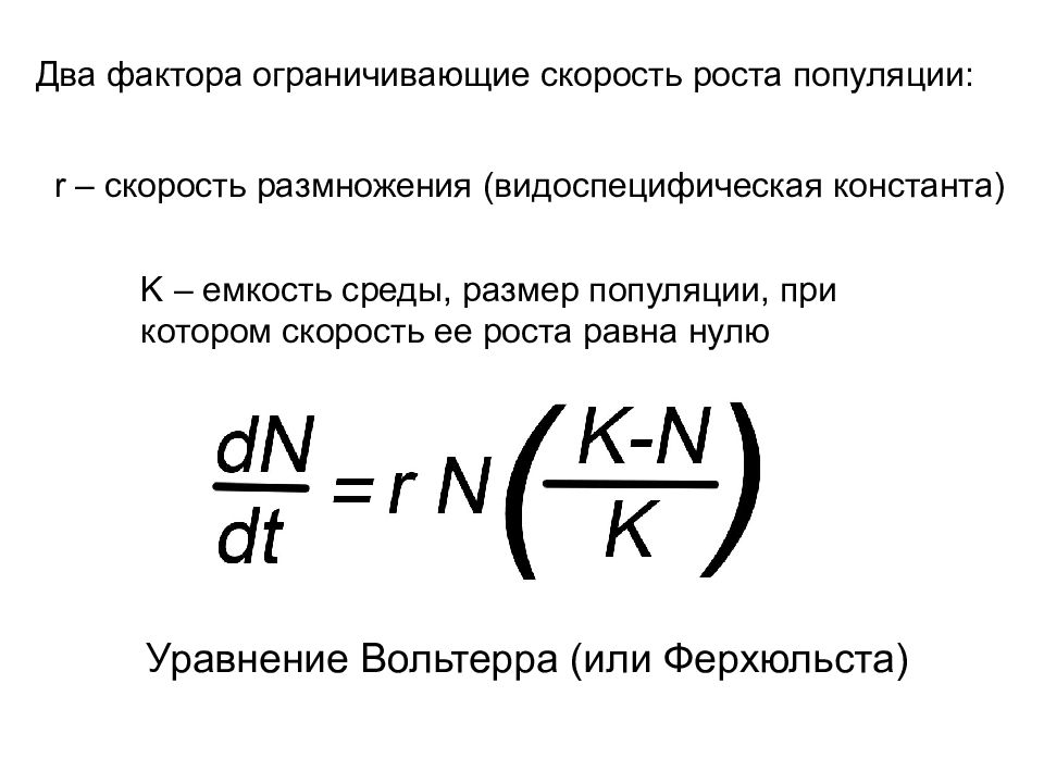 Емкость среды популяции. Уравнение ограниченного роста популяции. Скорость роста популяции. Модель Ферхюльста.