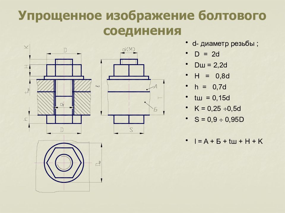 Пользуясь приведенными условными соотношениями построить изображения соединения деталей шпилькой