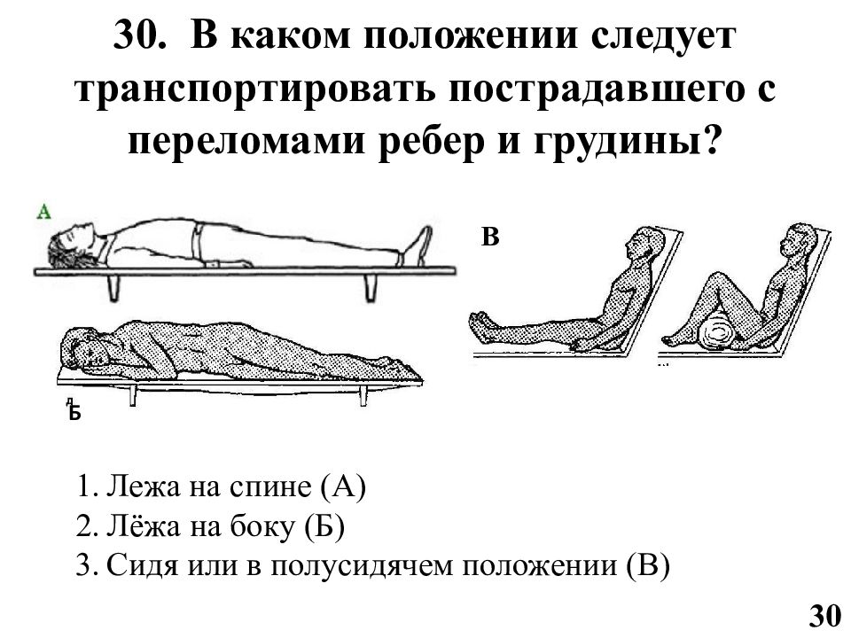 Положение лежа на спине. Транспортировка пострадавшего с переломами ребер и грудины. Транспортировка больного при травме грудной клетки. Положение пострадавшего при переломе ребер. Транспортировка больного при переломе ребер.