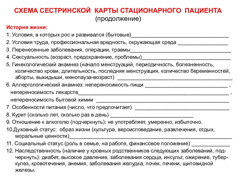 Заполненная сестринская карта ребенка