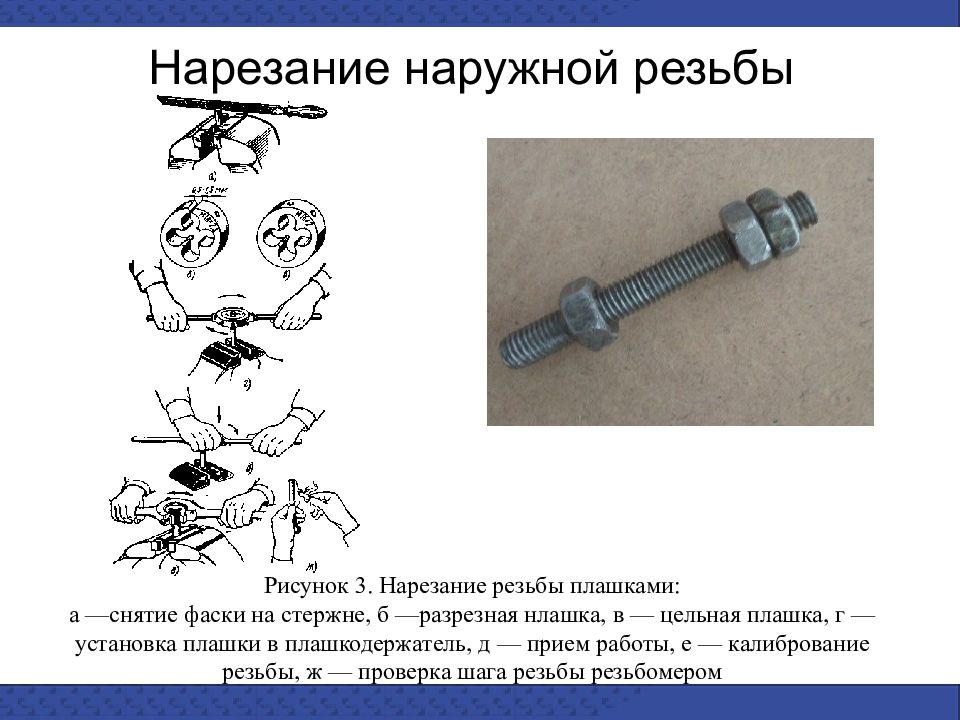 Нарезание резьбы. Нарезание наружной резьбы. Способы нарезания наружной резьбы. Нарезание наружной резьбы плашкой. Нарезание внутренней резьбы рисунок.