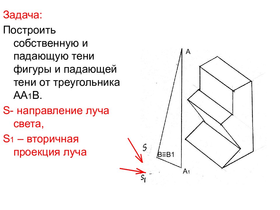 Луч проекции. Вторичная проекция. Построить собственные и падающие тени. Построить собственные и падающие тени от треугольника. Как направлена вторичная проекция светового луча?.