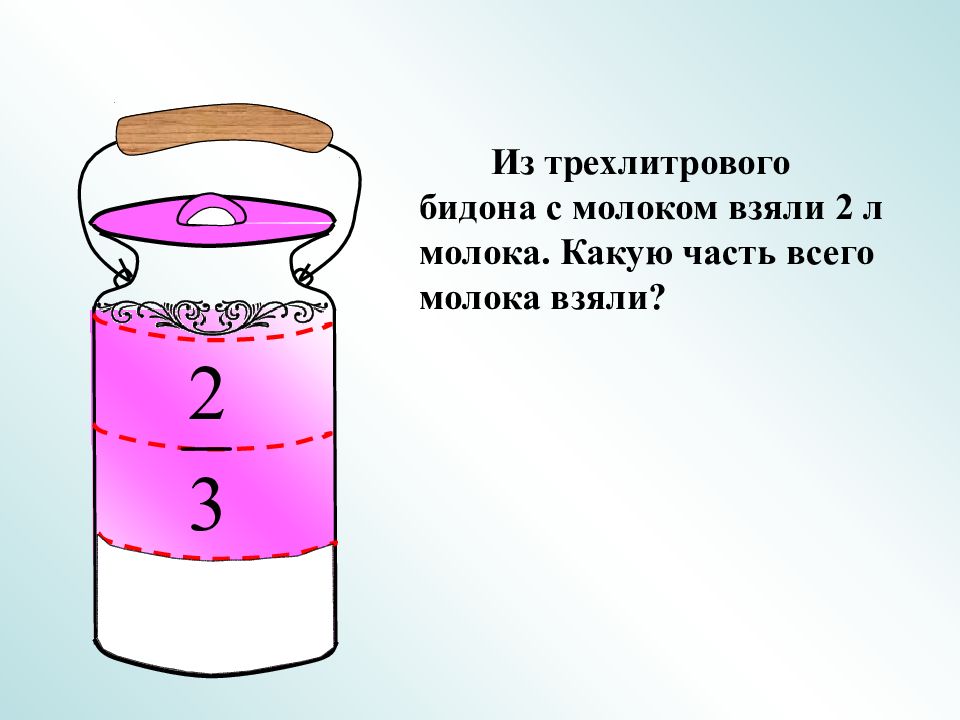 Взяла л. Из трёхлитрового бидона с молоком. Из трёхлитрового бидона взяли 2 л молока какую часть всего. Из трех литров бидона с молоком взяли 2 л. Из трехлитрового бидона с молоком взяли 2 л молока решение.