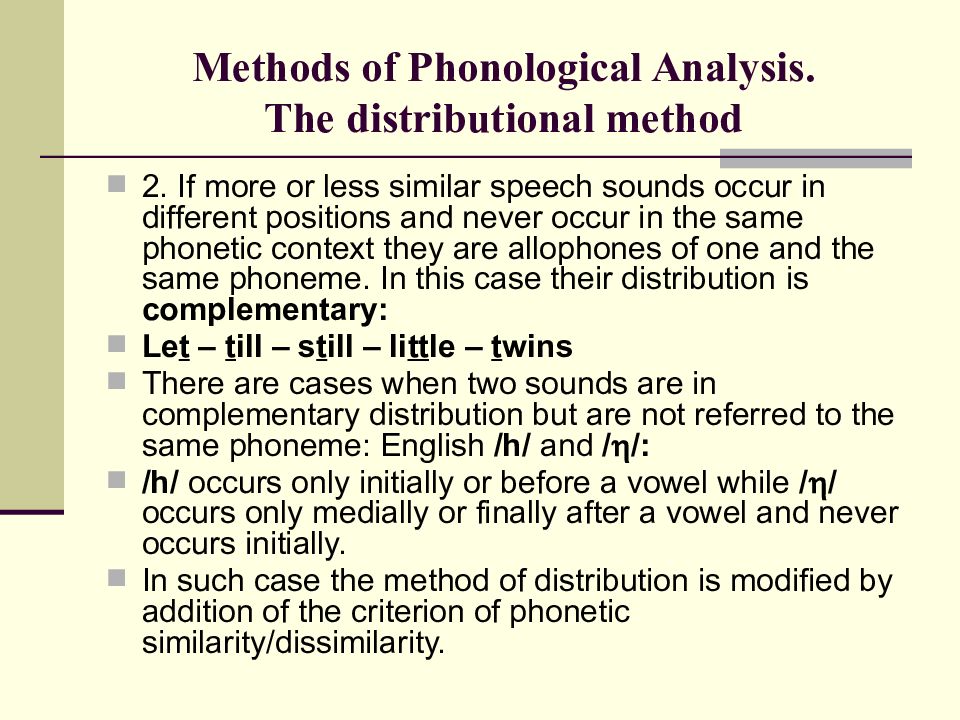 Method 01. Methods of Phonological Analysis. Semantically distributional method of Phonological Analysis. Phonological Theories. Phonetic Analysis.