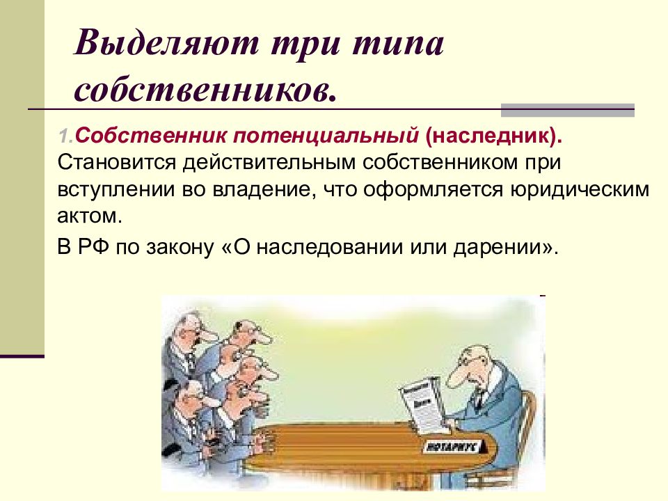 Вступить во владение. Виды собственников. Виды собственников потенциальный. Потенциальный наследник это. Тип собственника это.