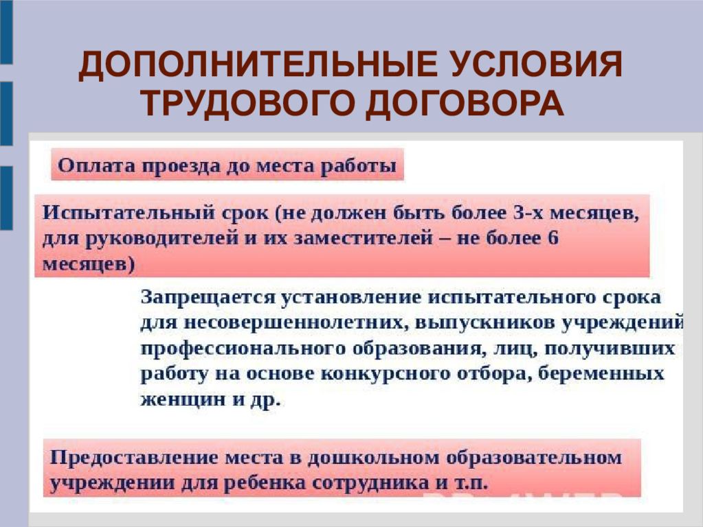 Дополнительные условия испытательный срок. Дополнительные условия трудового договора. Дополнительные условия трудового право. Дополнительные условия трудового договора презентация.