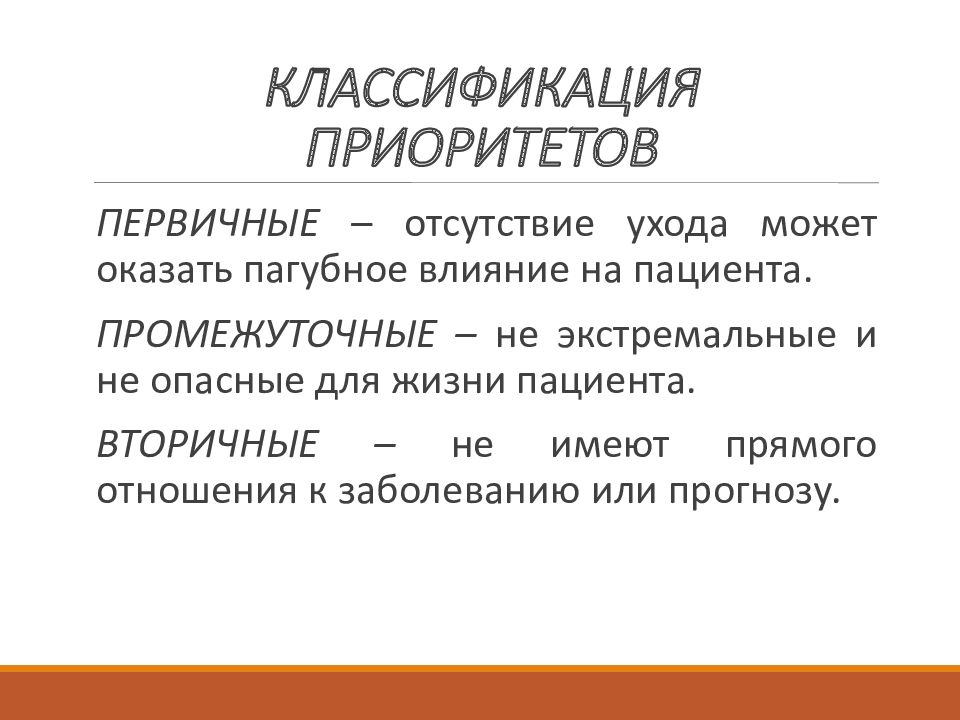 Отсутствие первичных организаций. Классификация приоритетов. Классификация проблем пациента. Классификация приоритетности. Градация приоритетов.