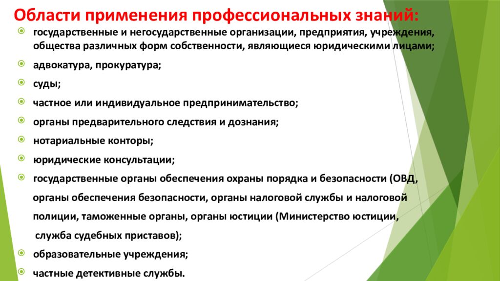 Области применения профессиональных знаний: