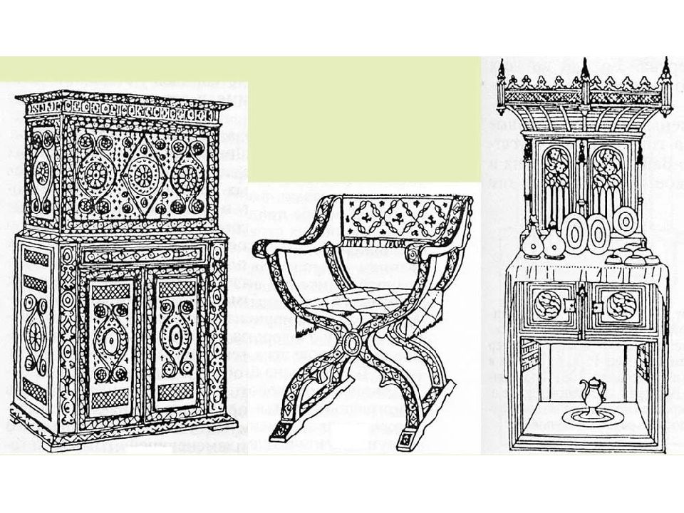 Изо 17. Предметы быта в готическом стиле. Романский стиль предметы быта. Готический орнамент на мебели. Мебель готического периода.
