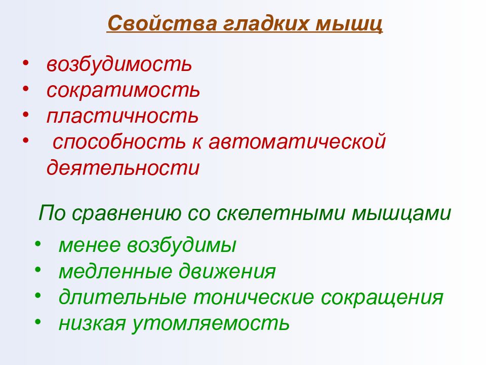 Возбудимость ткань свойства. Свойства гладких мышц. Физиологические свойства скелетных и гладких мышц. Сократимость мышц. Пластичность гладкой мышцы.