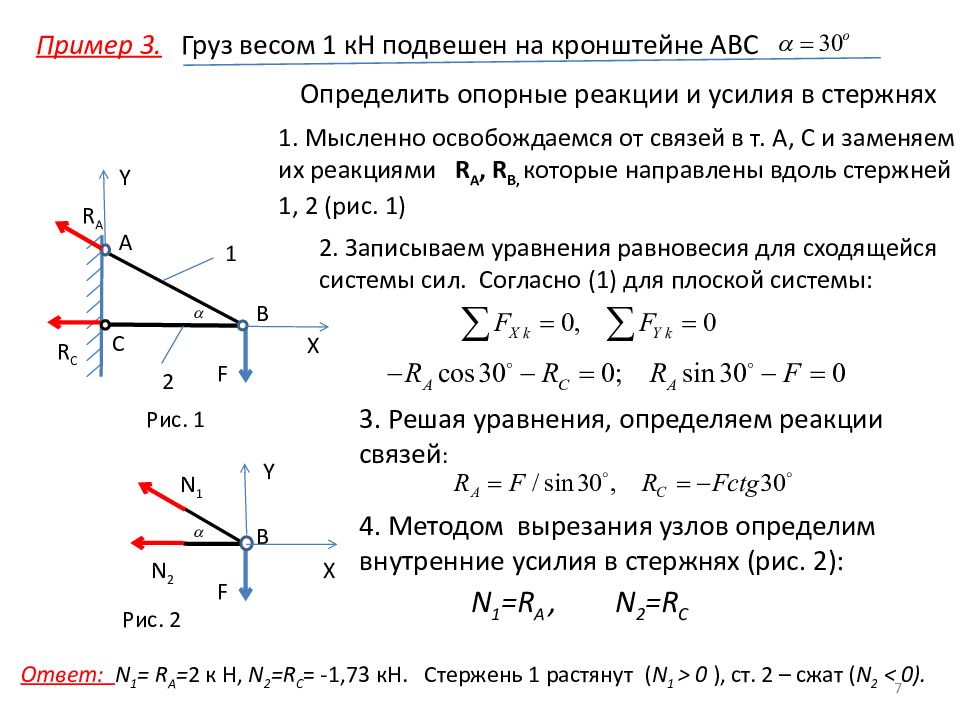 Груз массой 0 5 кг подвешен. Проекция равнодействующей силы на ось. Усилия в стержнях кронштейна. Определить усилия в стержнях. Определить усилия в стержнях кронштейна.