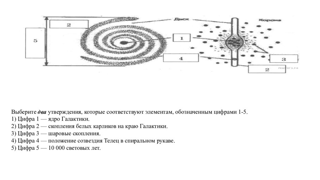 На схеме подпишите названия основных структурных элементов галактики обозначенные цифрами