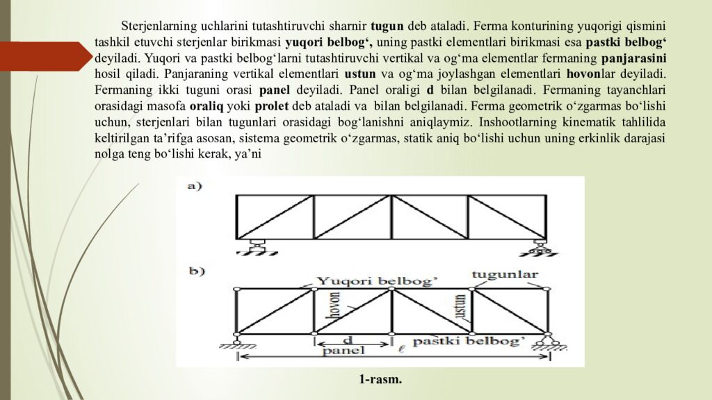 Mavzu : Statik aniq tekis fermalar Reja : Fermalar to‘g‘risida