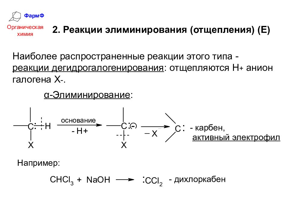 Самые распространенные реакции. Реакции элиминирования галогенопроизводных. Реакция отщепления элиминирования. Реакция элиминирования галогенопроизводных механизм. Реакция элиминирования для дигалогенпроизводных.