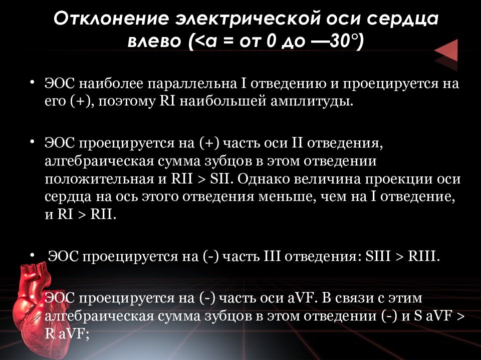 Эос кф. Отклонение электрической оси сердца. Отклонение Эл оси сердца влево. Отклонение ЭОС сердца. Электрическая ось сердца отклонена влево.