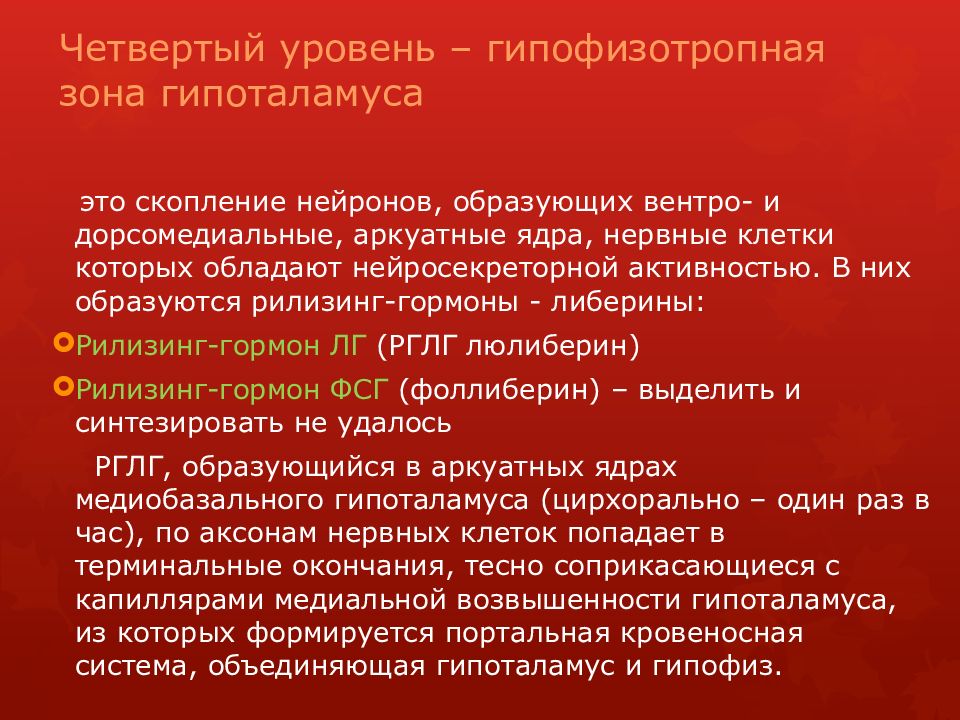 Менструальный цикл Четвертый уровень – гипофизотропная зона гипоталамуса