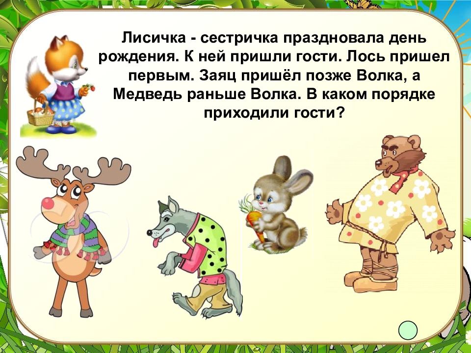 Презентация в пределах 10. Колобок встретил волка позже. Колобок встретил волка позже чем зайца но раньше чем медведя. Заяц пришел в гости прекрасная погода.