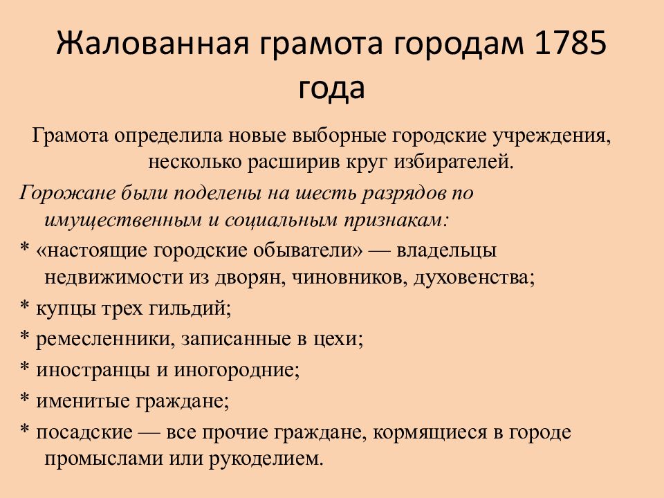 6 разрядов горожан. Жалованная грамота городам 1785 основные положения. Жалованные грамоты городам Екатерины 2. Жалованная грамота городу 1785 итоги. Жалованная грамота городам Екатерины 1785.