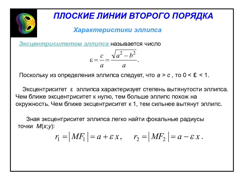 Определить поскольку. Линии второго порядка эллипс. Эксцентриситет линии второго порядка. Эксцентриситет эллипса. Линии второго порядка окружность.