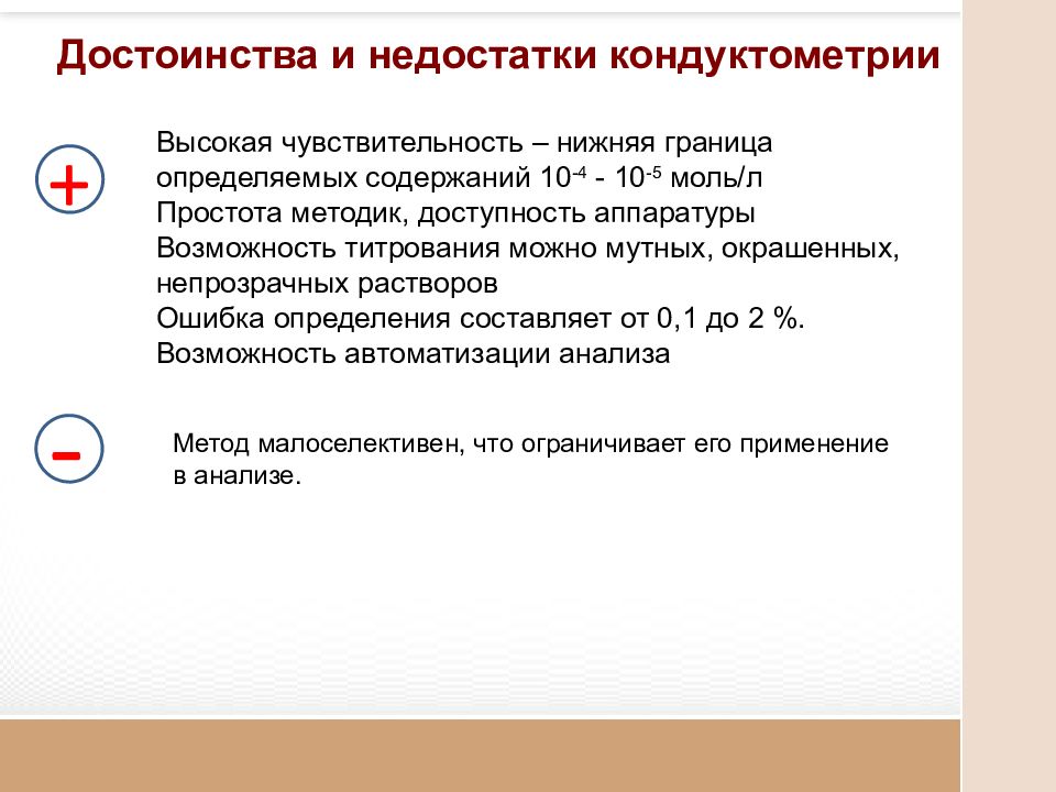 Метод прямой кондуктометрии. Достоинства и недостатки кондуктометрии. Недостатки и достоинства кондуктометрического метода. Недостатки кондуктометрического титрования. Преимущества и недостатки кондуктометрического титрования.