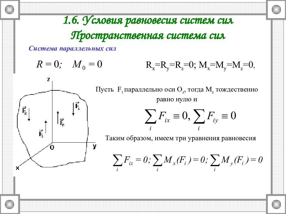 Уравнения равно. Условия равновесия пространственной системы параллельных сил. Пространственная система параллельных сил уравнения. Условия равновесия сил теоретическая механика. Пространственная система параллельных сил уравнения равновесия.