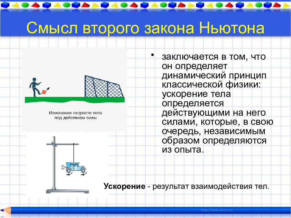 2 смысле. Физический смысл 2 закона Ньютона. Законы физики в картинках. Второй закон Ньютона примеры. Смысл 2 закона Ньютона.