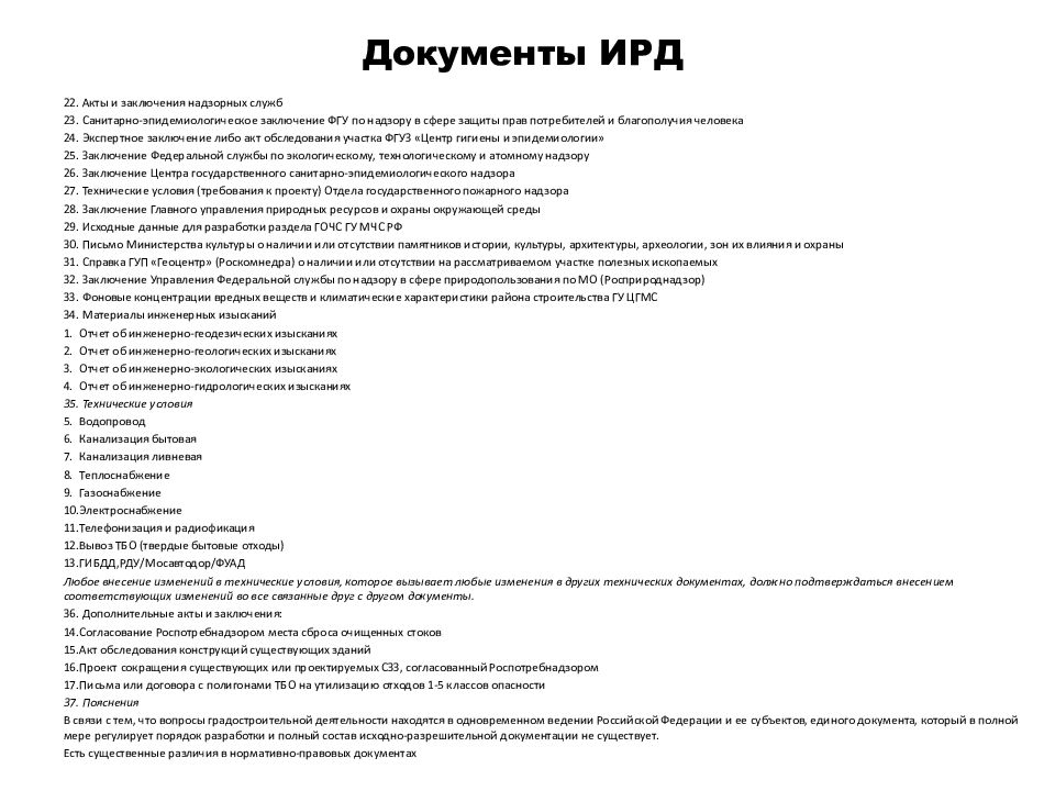 Перечень исходно разрешительной документации