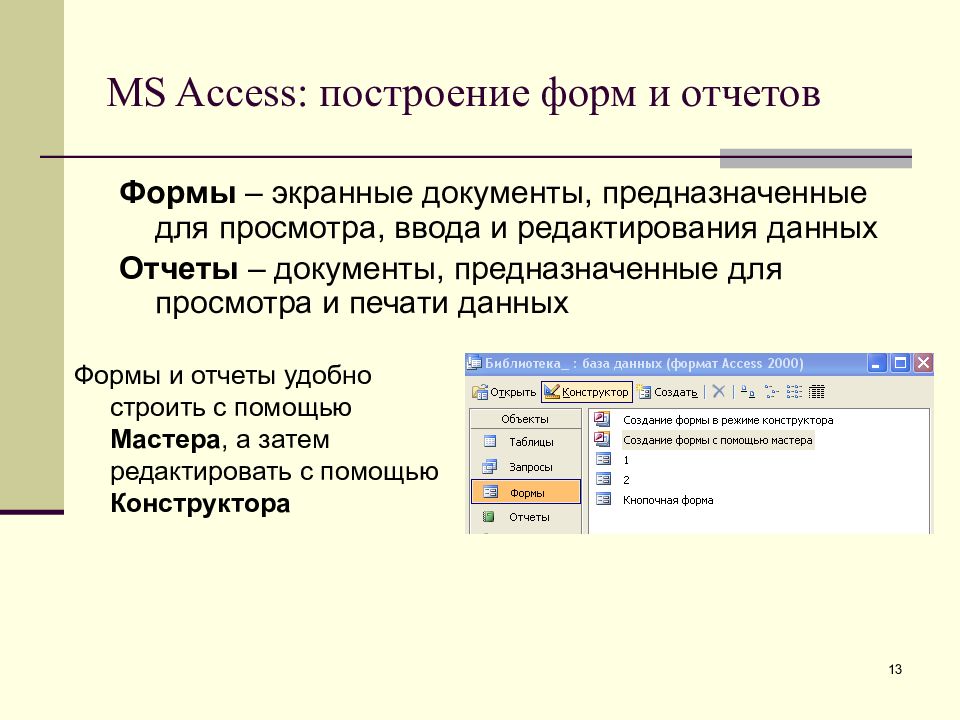 Access формы презентация