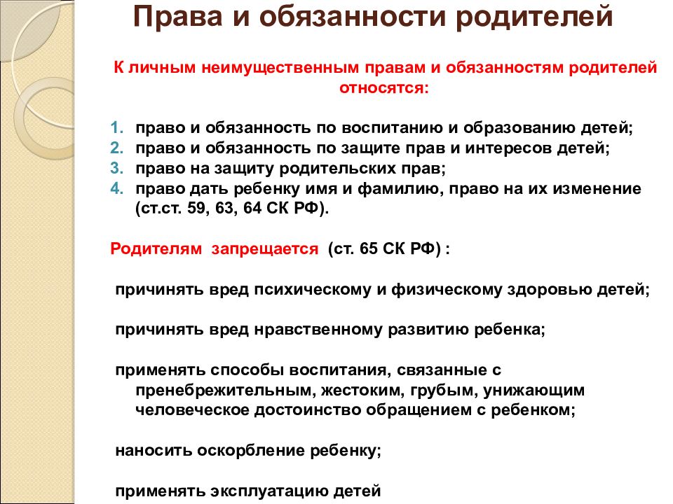 Взаимные права и обязанности родителей и детей гарантии их реализации проект