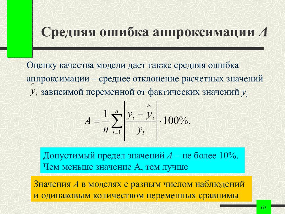 Ошибка аппроксимации. Средняя ошибка аппроксимации для множественной регрессии. Средняя Относительная ошибка аппроксимации формула. Допустимый предел средней ошибки аппроксимации составляет:. Среднюю относительную ошибку аппроксимации рассчитывают по формуле.