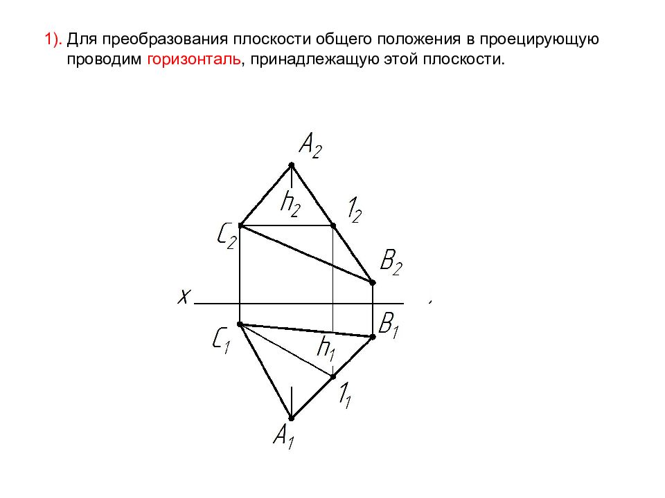 Преобразование плоскости в проецирующую. Преобразовать плоскость общего положения в проецирующую. Преобразование плоскости общего положения в проецирующую. Горизонталь плоскости общего положения. Проведена горизонталь плоскости общего положения?.