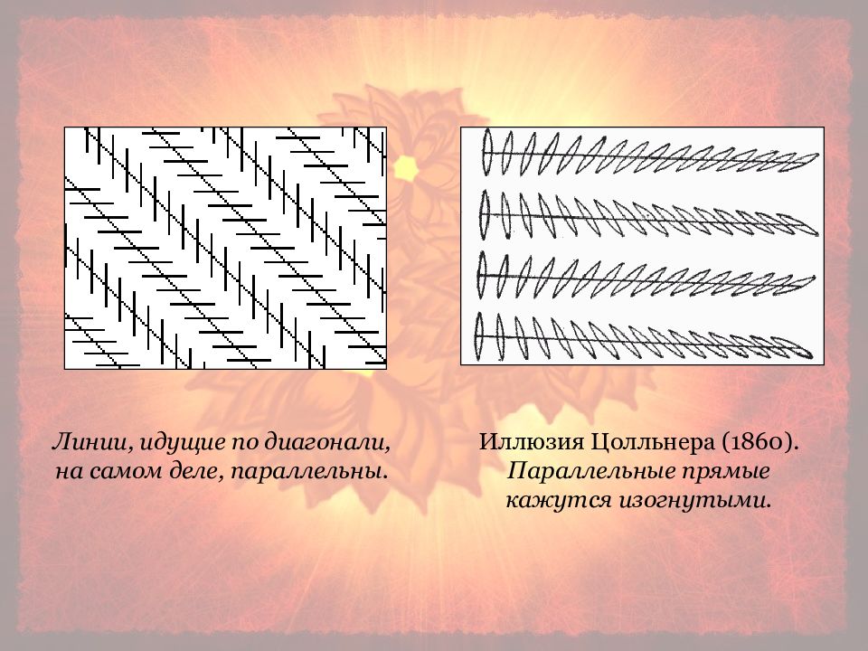 Пойти линия. Иллюзия Цолльнера (1860). Иллюзия Цолльнера параллельные прямые кажутся изогнутыми.. Параллельные линии кажутся изогнутыми. Линии идущие по диагонали.