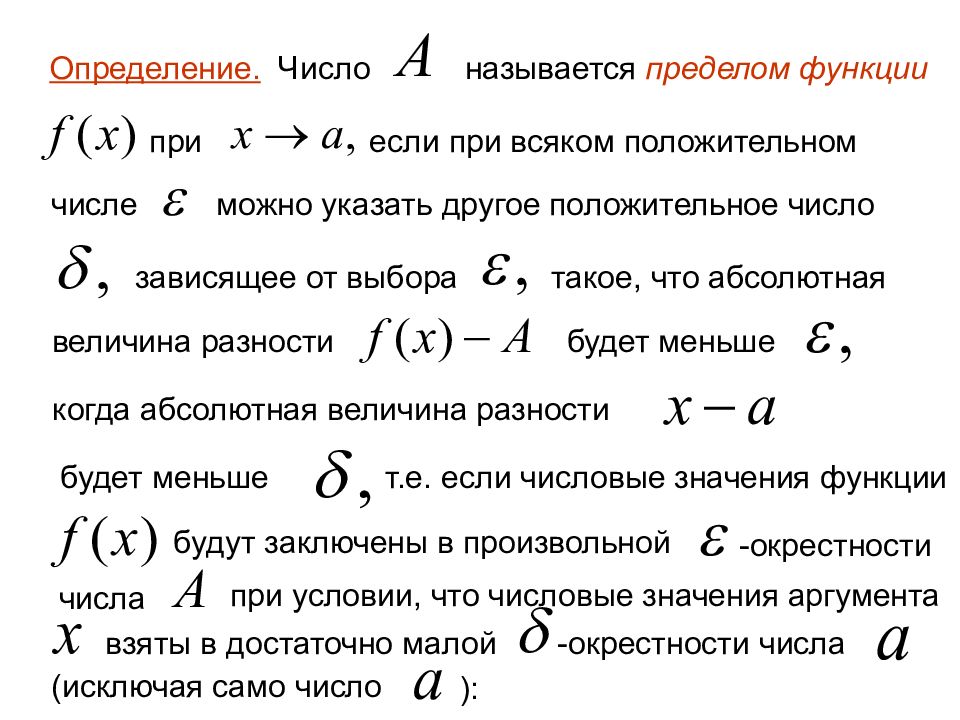 Определение числовой функции одной переменной. Число а называется пределом функции. абсолютная величина разности. окрестность числа матанализ. ограниченные функции матанализ.