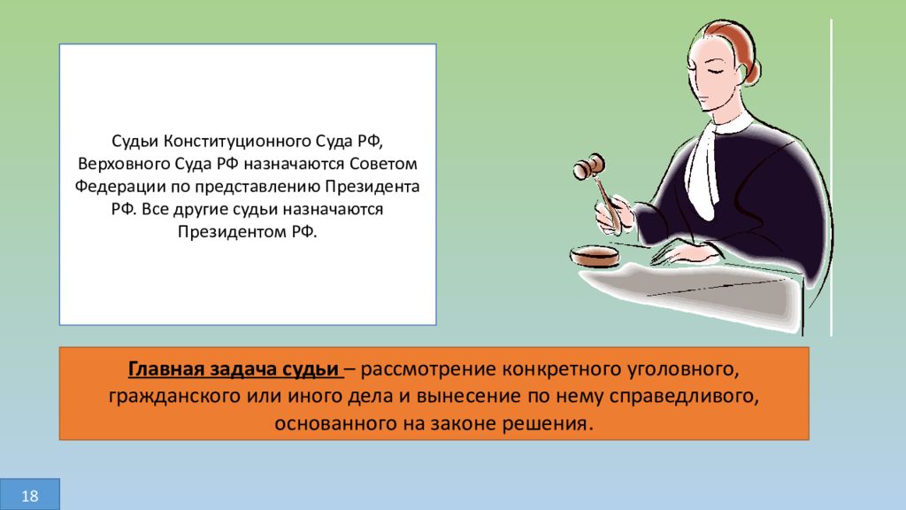 Задачи судьи. Главная задача судьи. Судьи назначаются президентом РФ. Судьи Верховного суда РФ назначаются.