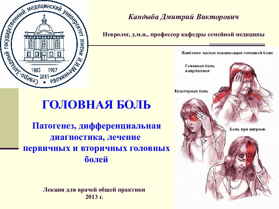 ГОЛОВНАЯ БОЛЬ Патогенез, дифференциальная диагностика, лечение первичных и вторичных головных болей