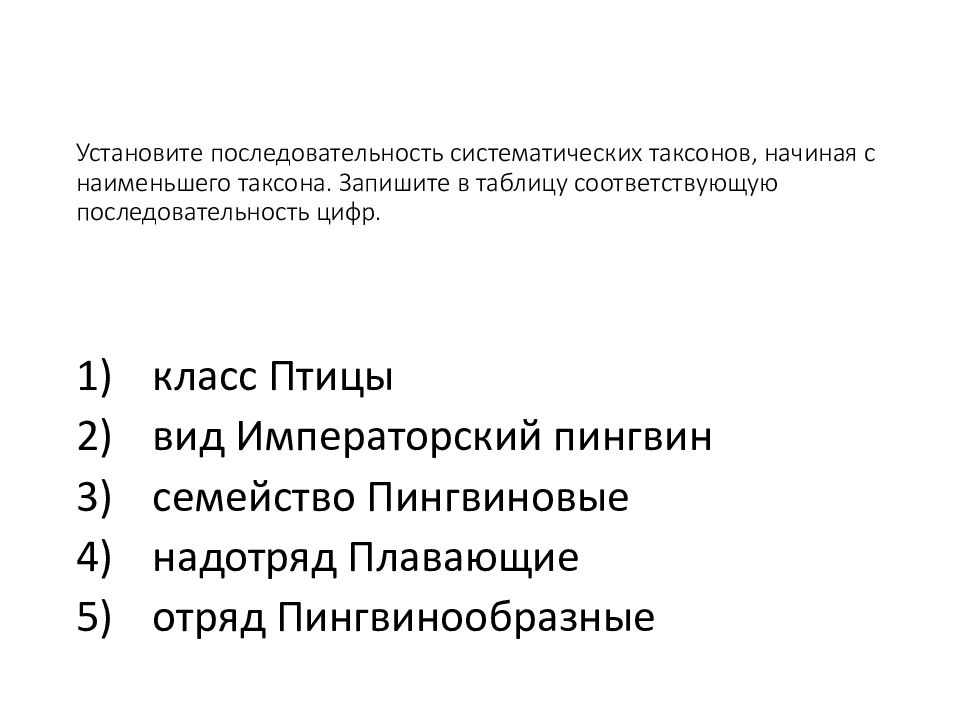 Установите последовательность систематических таксонов