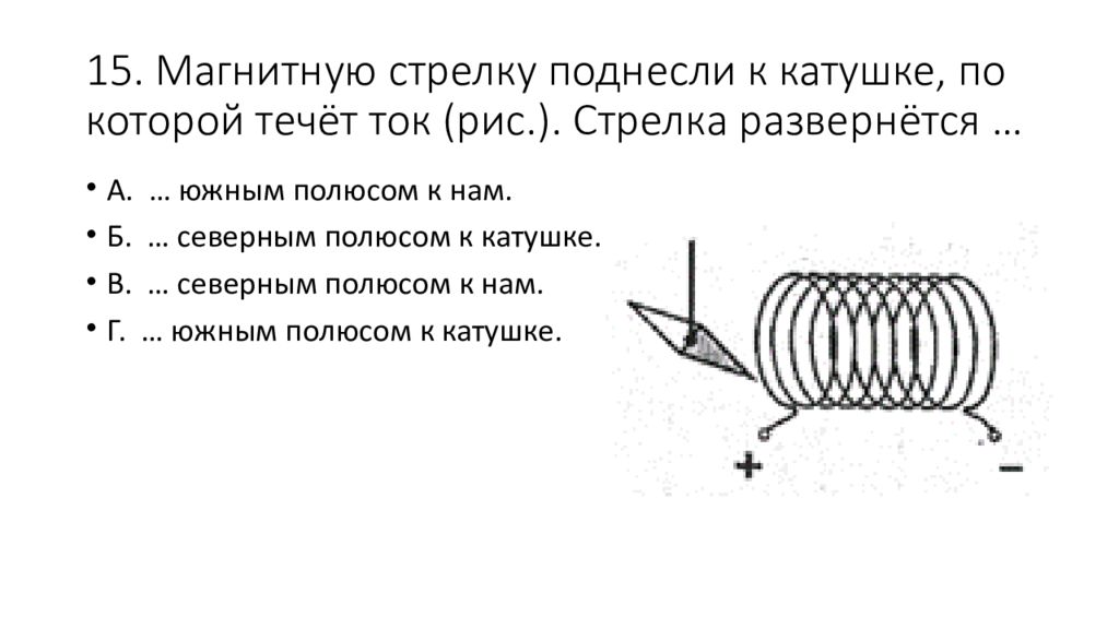 К торцам катушки с током поднесены две магнитные стрелки на каком из рисунков ориентации обеих