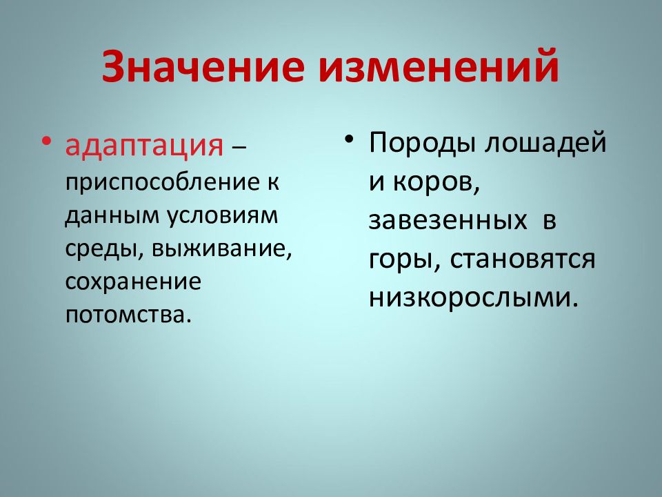 Адаптация к изменениям. Значение модификаций. Значимость изменений. Значение изменчивости. Изменчивость и адаптация.