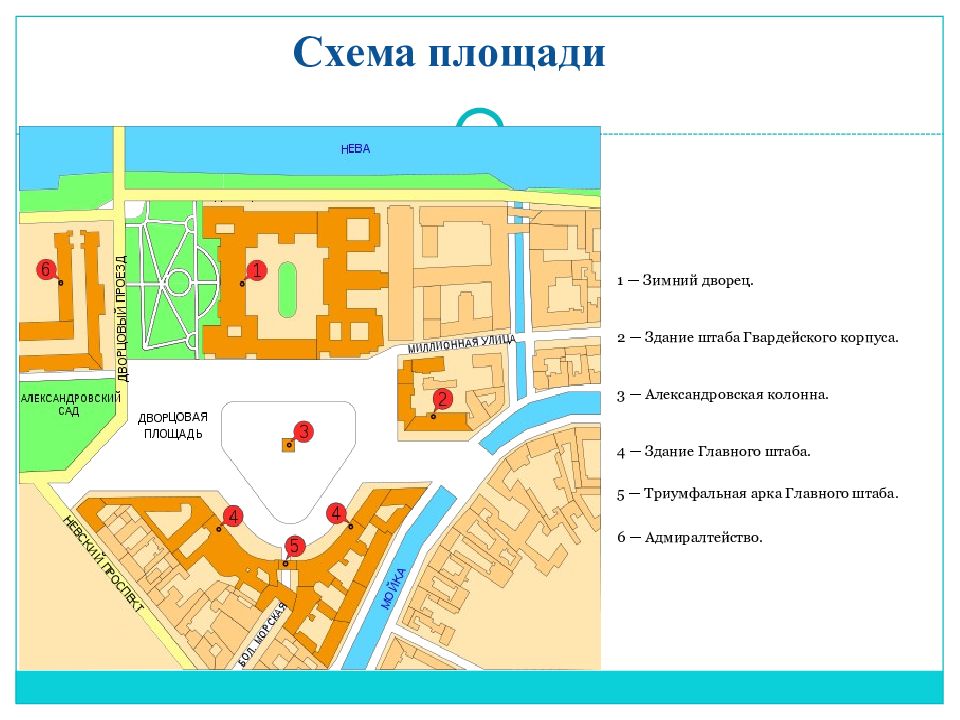 Площадь ответить. Схема Дворцовой площади. Схема Дворцовой площади в Санкт-Петербурге. Ансамбль Дворцовой площади схема. Здания на Дворцовой площади схема.