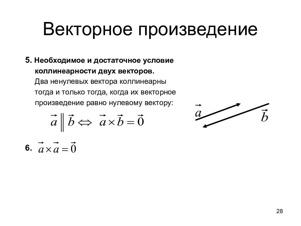 Вектор условий. Координатный признак коллинеарности двух векторов. Векторное произведение векторов. Условие коллинеарности векторов. Векторное произведение коллинеарных векторов.