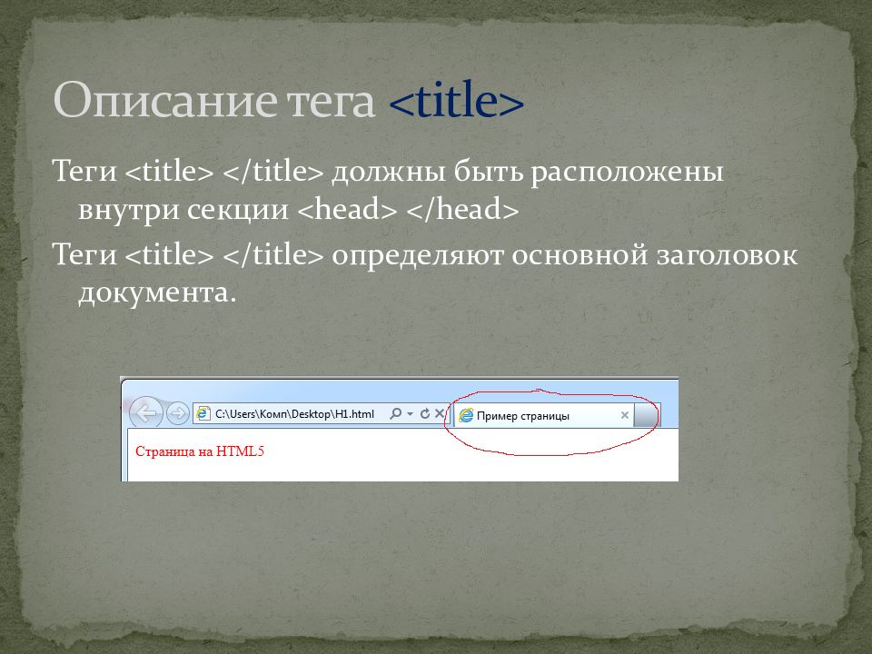 Определить title. Тег head. тег head определяет. закрывающий тег. тег title.