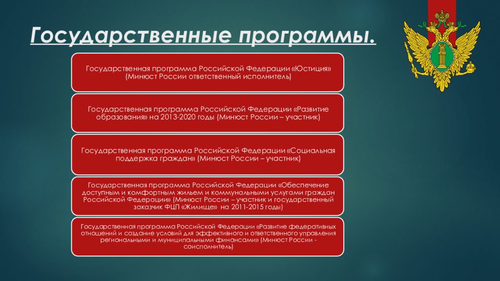 Государственная юстиция. Министерство юстиции презентация. Государственная программа юстиция. Государственные социальные программы. Государственные программы РФ перечень.