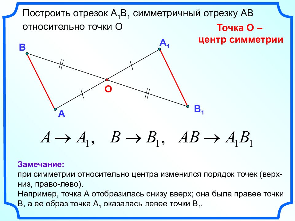 Ав отрезок точка. Отрезок симметричный отрезку относительно точки. Построить симметричный отрезок относительно точки. Симметричные отрезки относительно точки. Отрезок симметричный относительно точки.