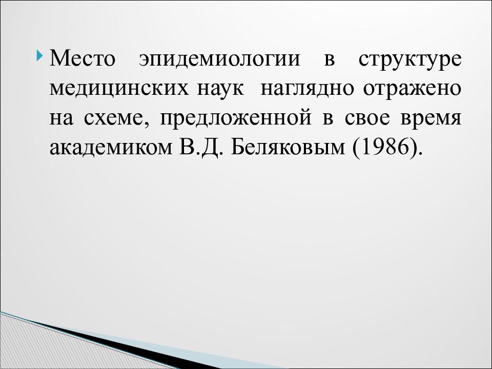 Структура медицинской науки. Место эпидемиологии в структуре медицинских наук. В. Д. Беляков (1986) место эпидемиологии.